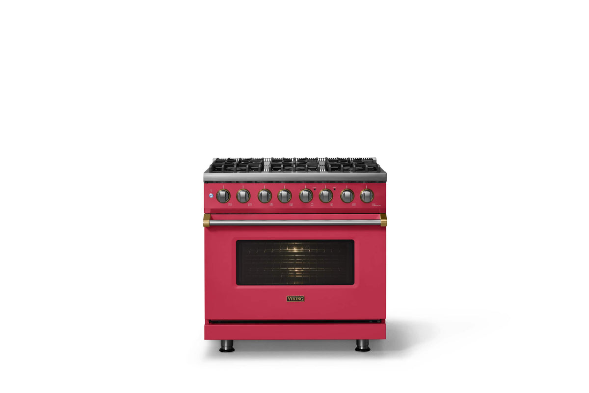 Viking - 36"W 5.6 Cu.Ft. Pro5S Freestanding Sealed 6 Burner Dual Fuel Convection LP Range - Valentine w. Brushed Brass Trim - Valentine