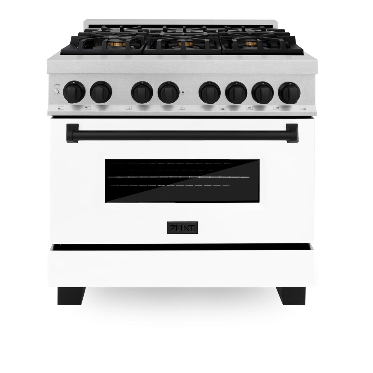 ZLINE - 36 in. Wide 6 Burner Autograph Legacy Dual Fuel Range in Satin Steel w/ White & Black Accents (RASZ-WM-36-MB) - Stainless Steel