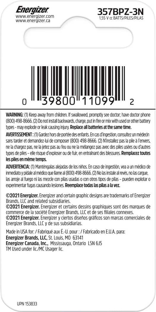 Energizer - 357/303 Batteries (3 Pack), Button Cell Batteries