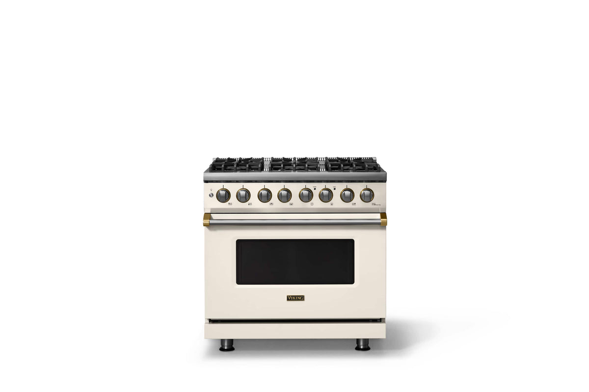 Viking - 36"W 5.6 Cu.Ft. Pro5S Freestanding Sealed 6 Burner Dual Fuel Convection LP Range - Pure White w. Brushed Brass Trim - Pure White