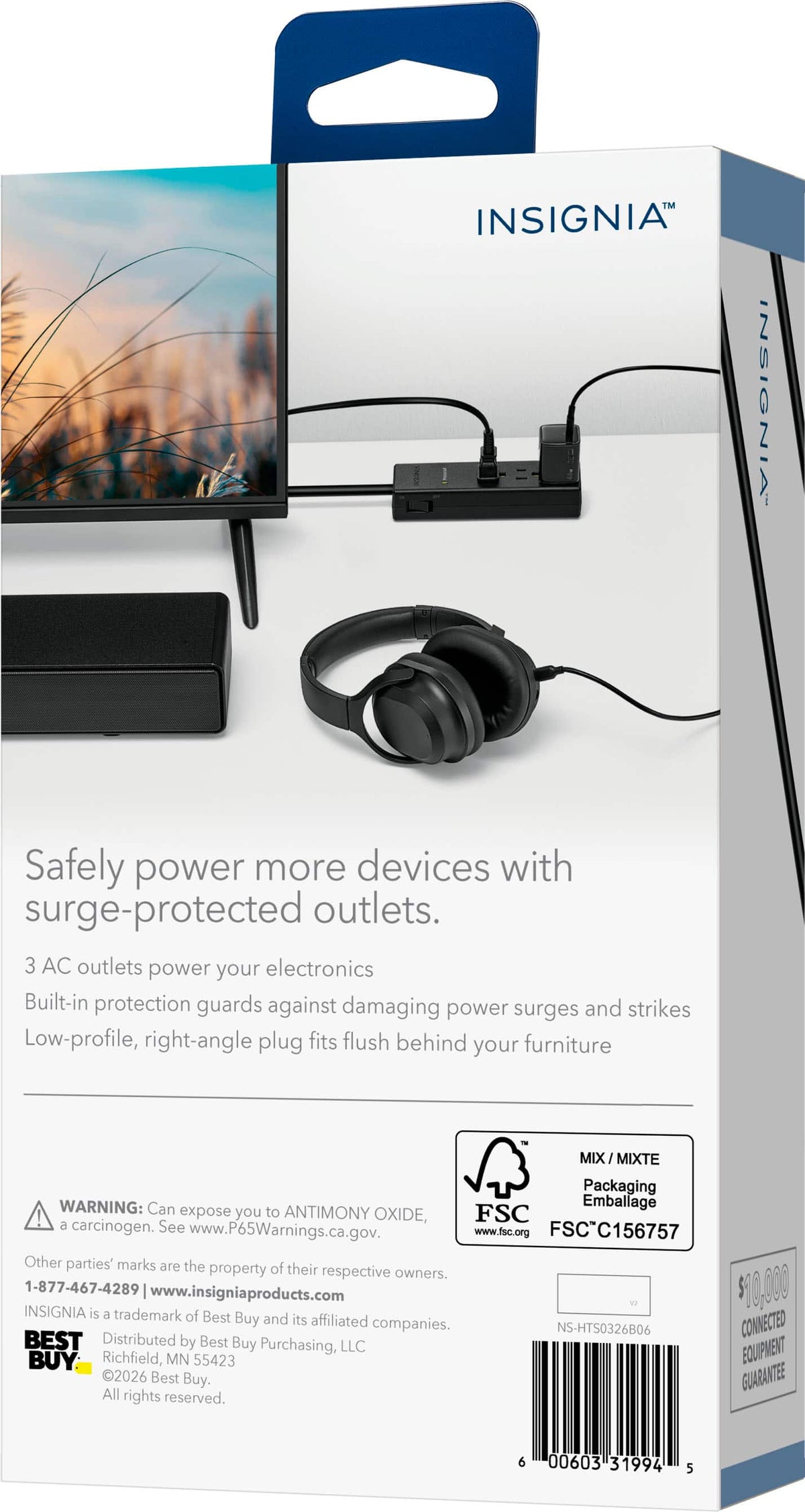 Insignia™ - Surge Protector for Home/Office with 3 AC Outlets, 6-foot cord, and 1080 joules of surge protection - Black