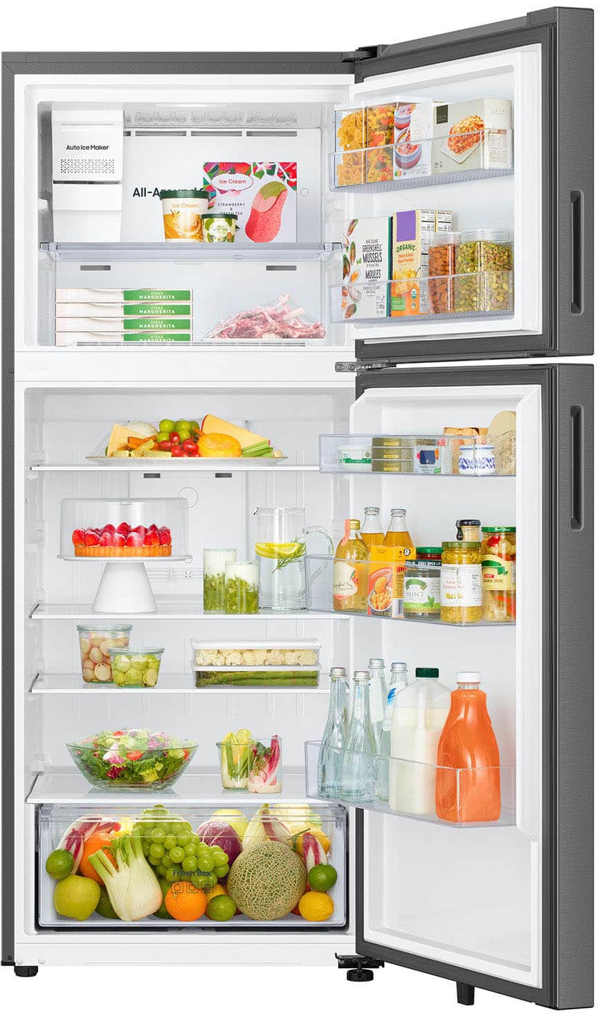 Samsung - 28 in. Wide 18 cu. ft. Garage Ready Top Freezer Refrigerator with Ice Maker - Stainless Steel
