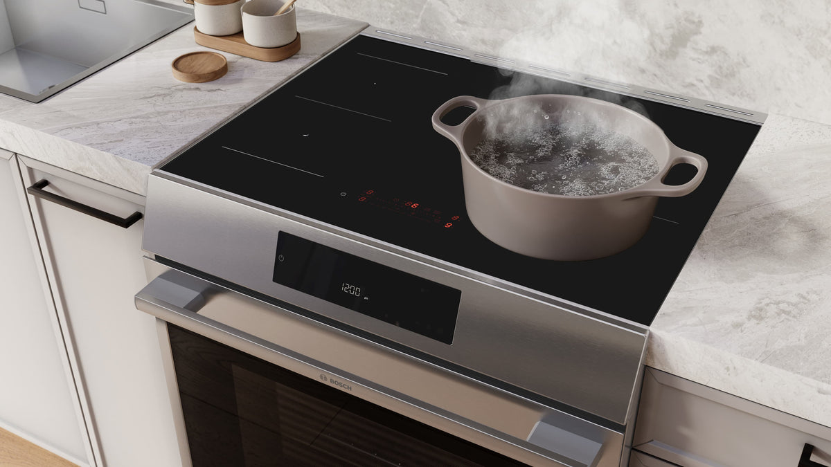 Bosch - 500 Series 30 in. Wide 5.8 Cu. Ft. Slide-In Electric Induction Range with Convection, Steam cleaning and 4 Elements - Stainless Steel