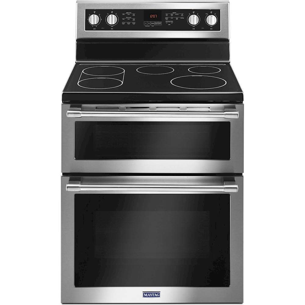 Maytag - 30 in. Wide 4 element 6.7 cu. ft. Self-Cleaning Freestanding Fingerprint Resistant Double Oven Electric Convection Range - Stainless Steel