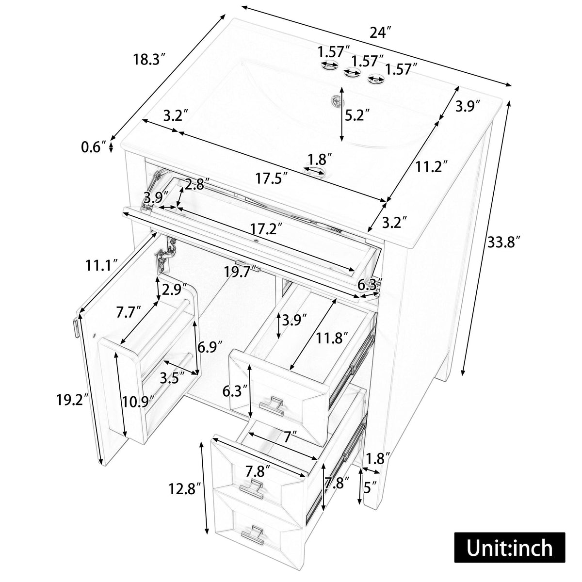 Tocador de baño con lavabo, 3 cajones y gabinete con estante de almacenamiento de 2 niveles en la puerta, puertas y cajones con cierre suave