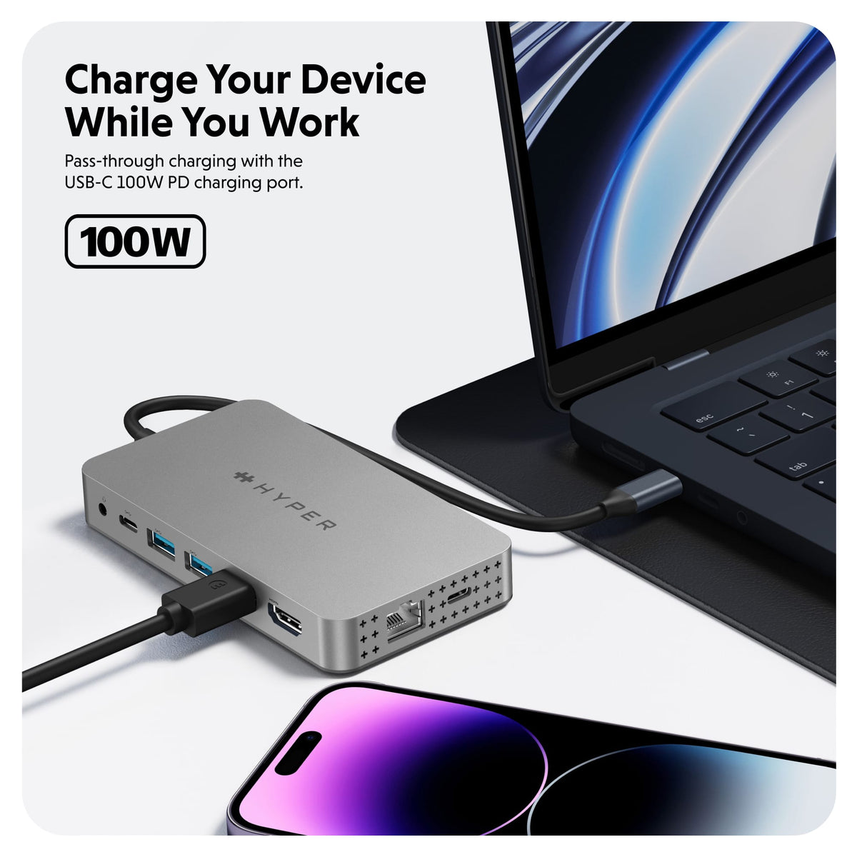 Hyper - HyperDrive Dual 10 Port USB-C Hub, 4K HDMI, Ethernet, 1 USB-C, 2 USB-A, microSD/SD, travel dock for M1/M2/M3 MacBook - Gray