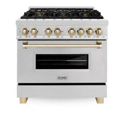 36 in. Wide 6 Burner ZLINE Autograph Legacy Dual Fuel Range in Satin Steel & Gold Accents (RASZ-SN-36-G) - Stainless Steel