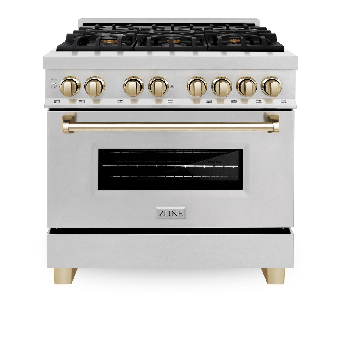 36 in. Wide 6 Burner ZLINE Autograph Legacy Dual Fuel Range in Satin Steel & Gold Accents (RASZ-SN-36-G) - Stainless Steel