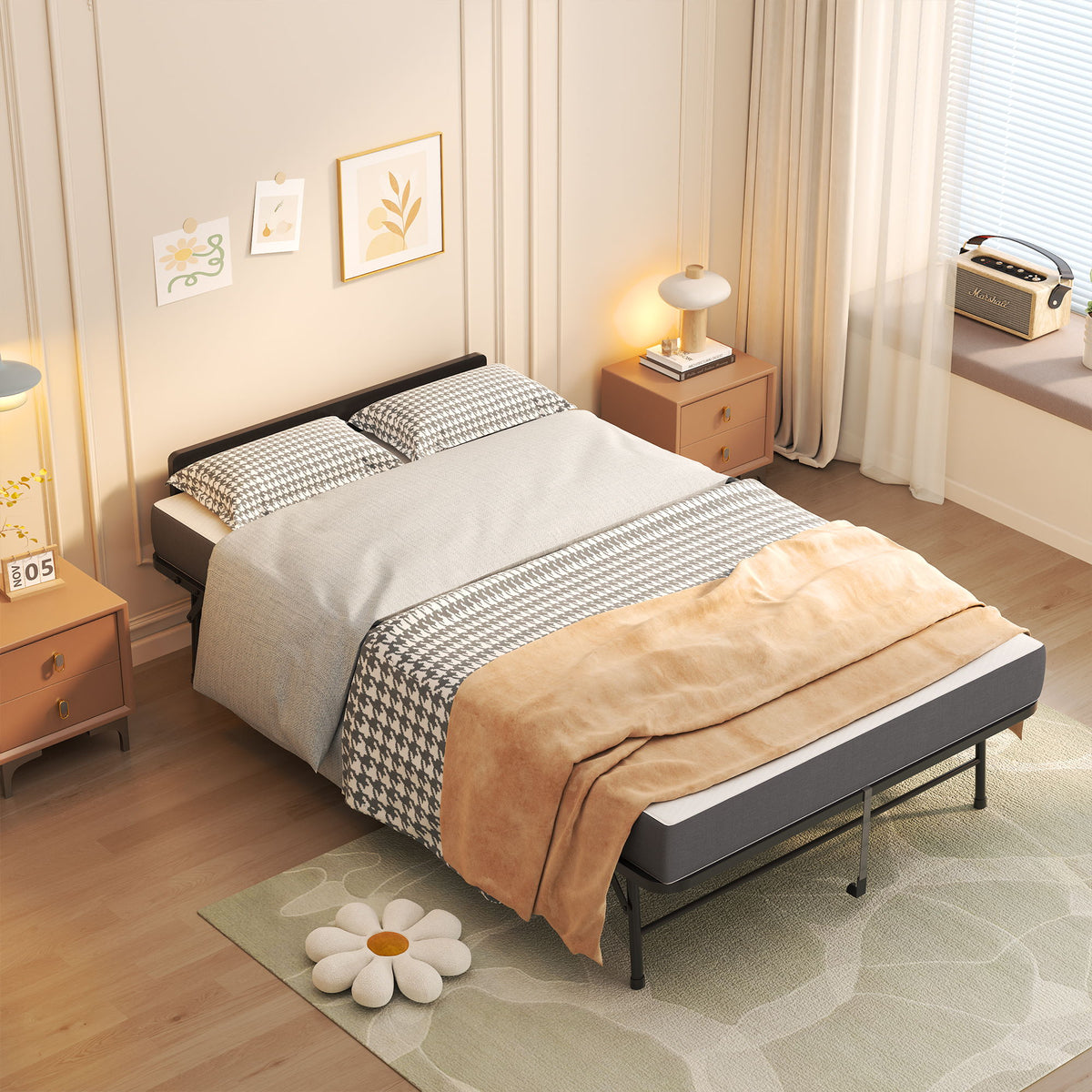 Cama plegable individual extralarga con cabecera ajustable, catre con colchón de espuma viscoelástica - Negro