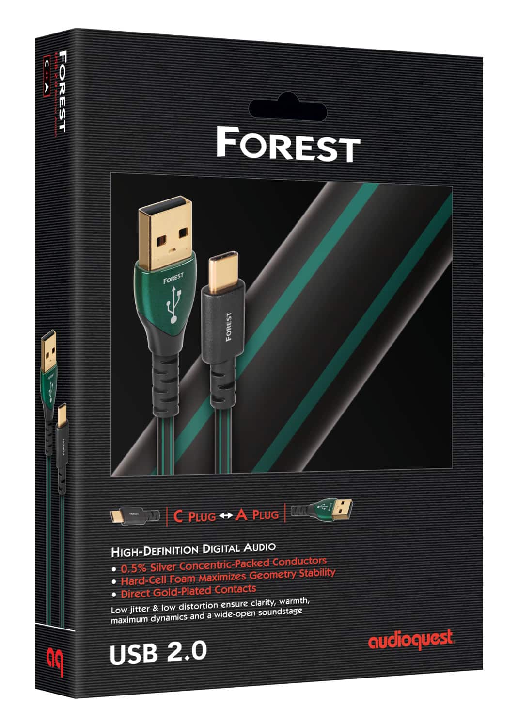 AudioQuest - Forest USB-C > A 2.5' Digital High-Definition Audio Cable with USB-C to USB-A Connectors - Black with Green Stripes