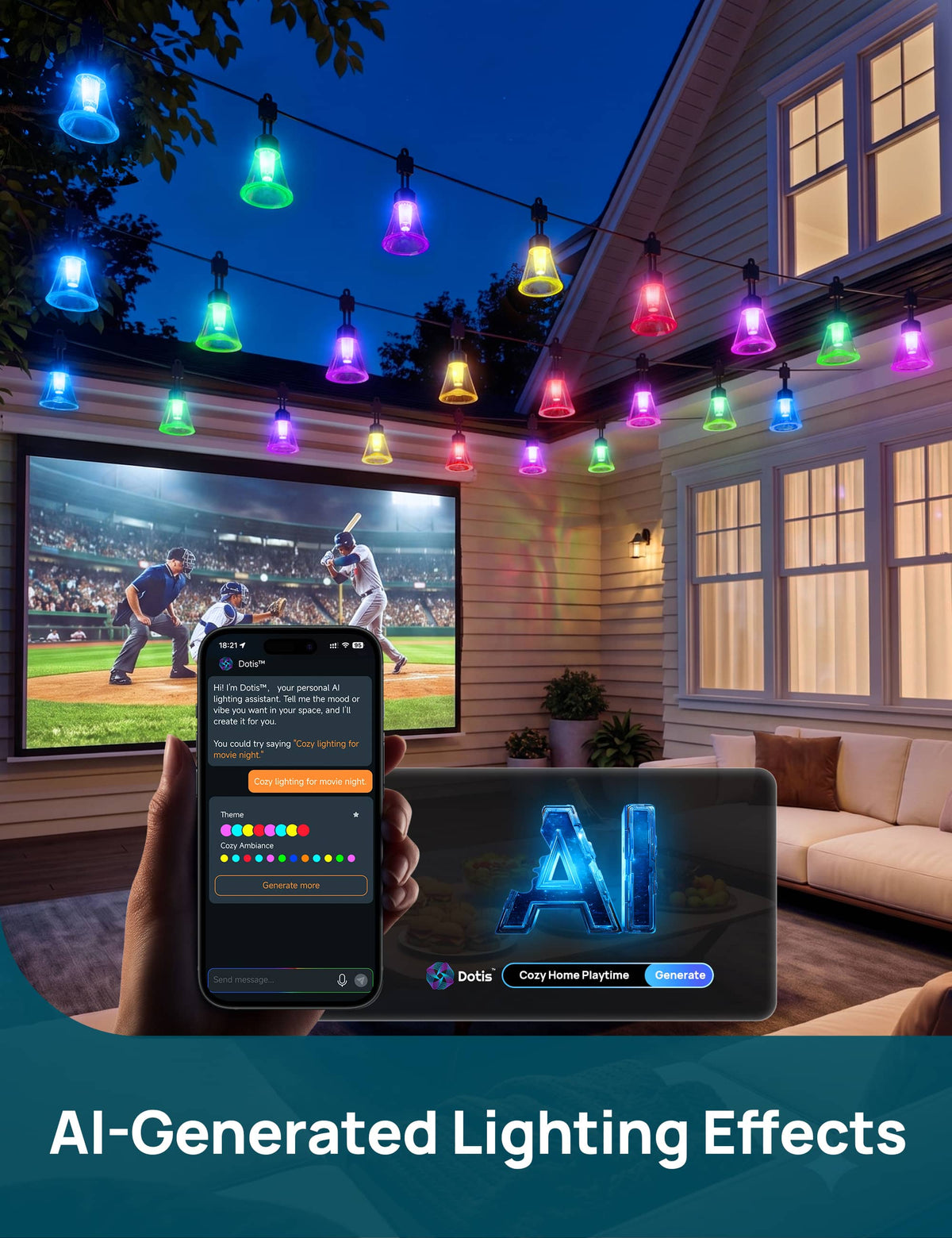Linkind - 48ft Smart Outdoor String Lights, Matter Compatible, AI Effects, IP67 Waterproof, Works with Alexa, Google Home - Black