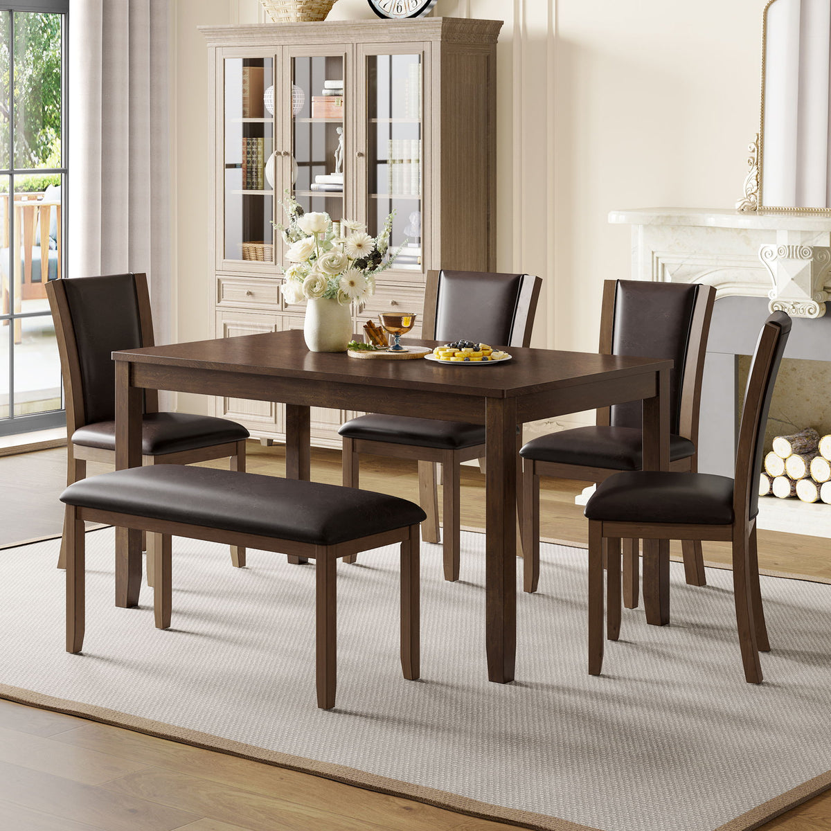 Juego de comedor de 6 piezas con mesa, banco y sillas para comedor - Nogal oscuro