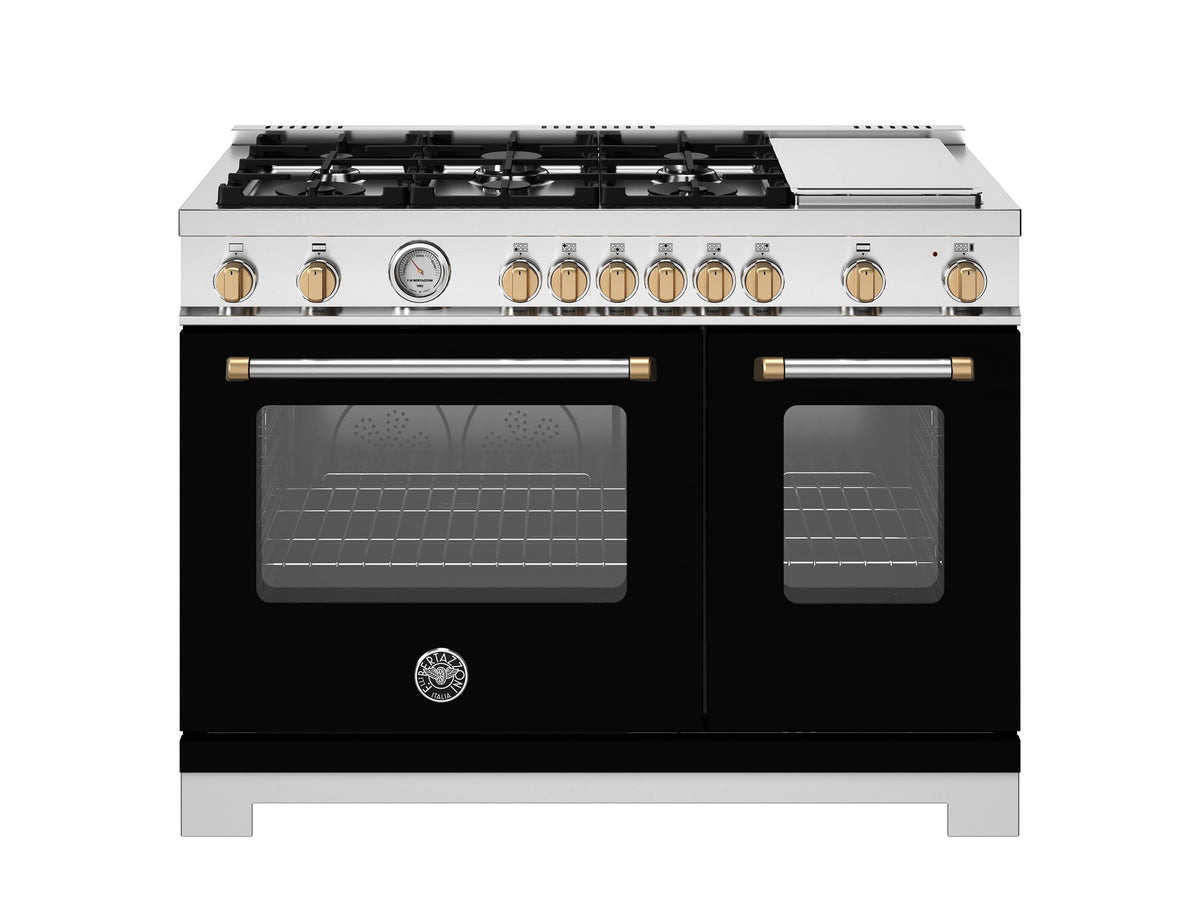 Bertazzoni - 48" Master Series Dual Fuel Range - Nero Matt/Gold - Black