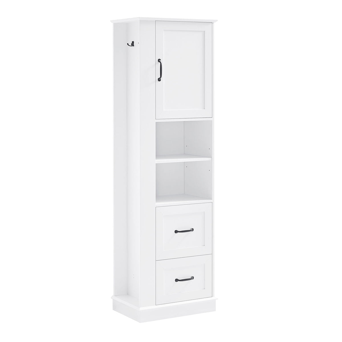 Armario de almacenamiento de baño independiente con estantes ajustables y panel de ganchos laterales, diseño rectangular