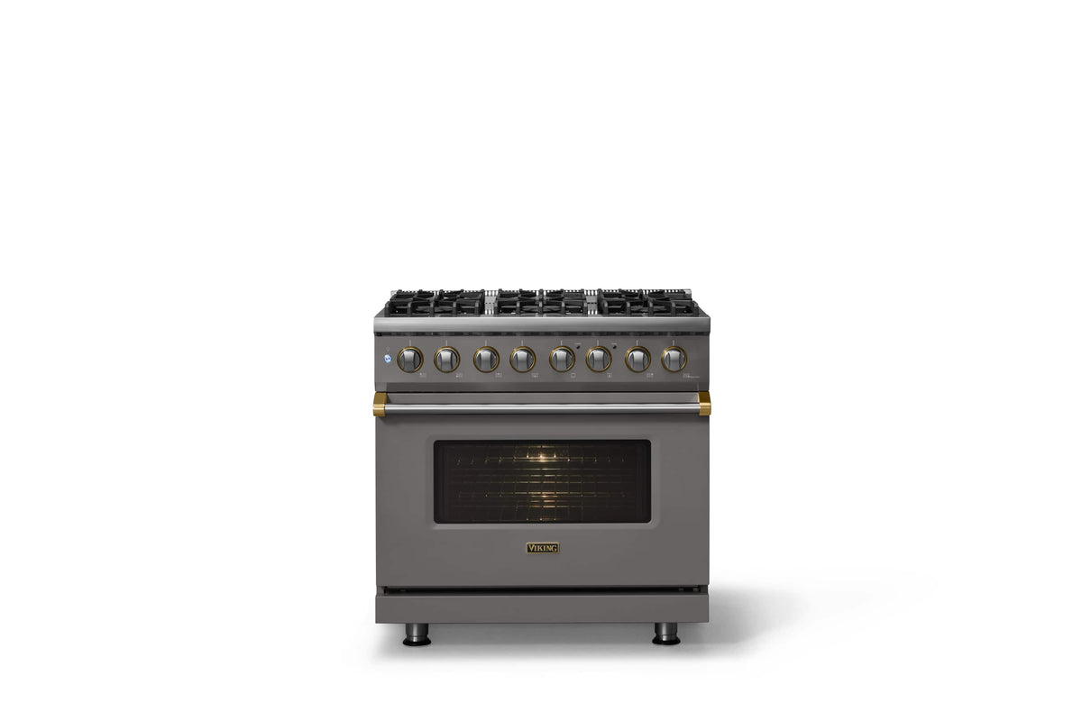 Viking - 36 in. Wide 6 Burner Pro 5 Series 5.6 Cu. Ft. Freestanding Sealed LP DF Convection Range with Brushed Brass Trim - Damascus Gray