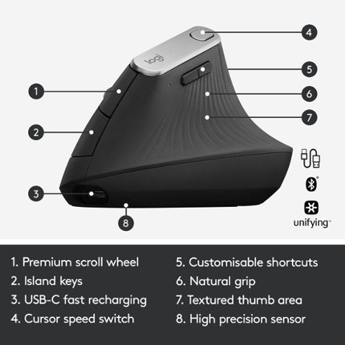 Logitech - MX Vertical Advanced Wireless Optical Ergonomic Mouse with USB and Bluetooth Connection - Wireless - Graphite
