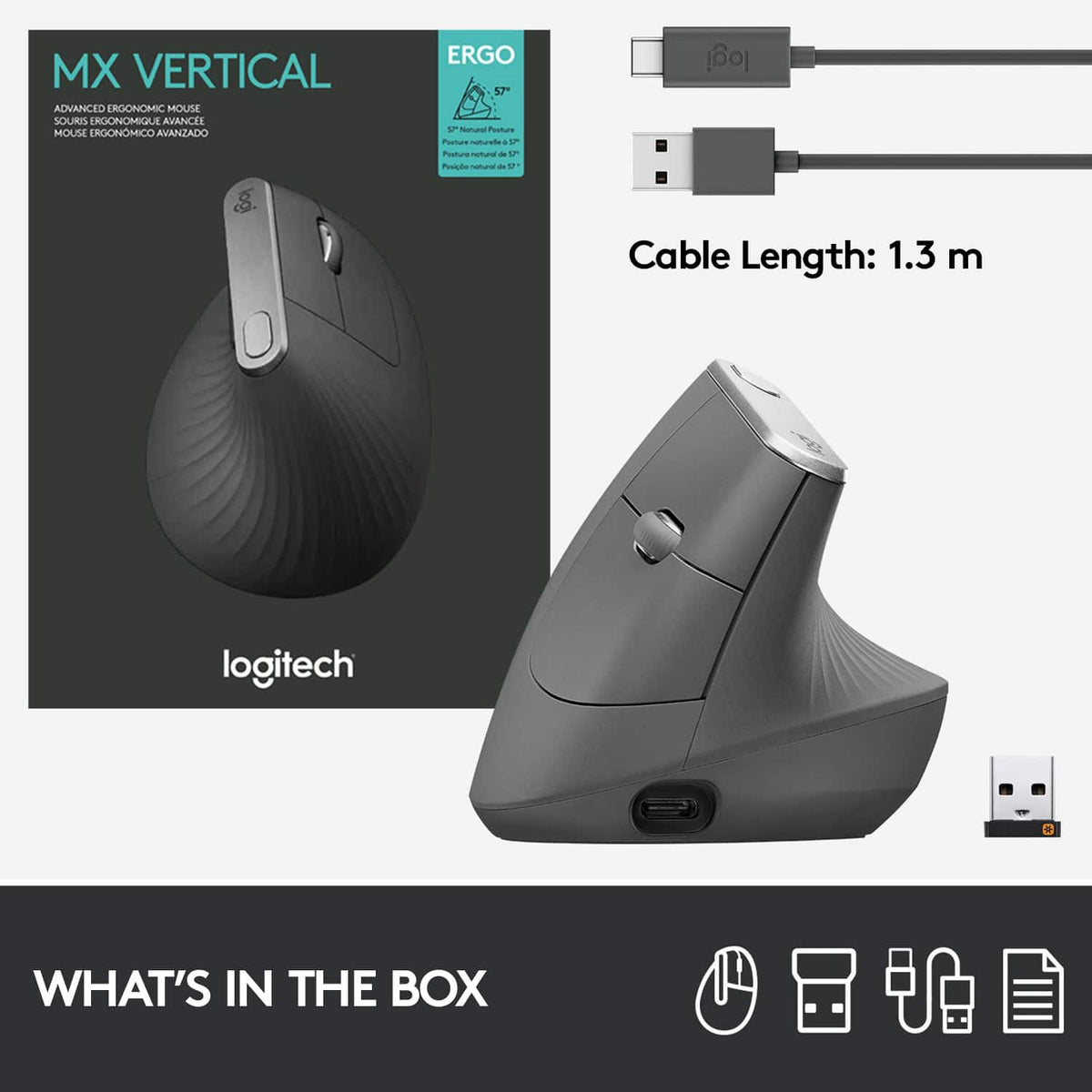 Logitech - MX Vertical Advanced Wireless Optical Ergonomic Mouse with USB and Bluetooth Connection - Wireless - Graphite