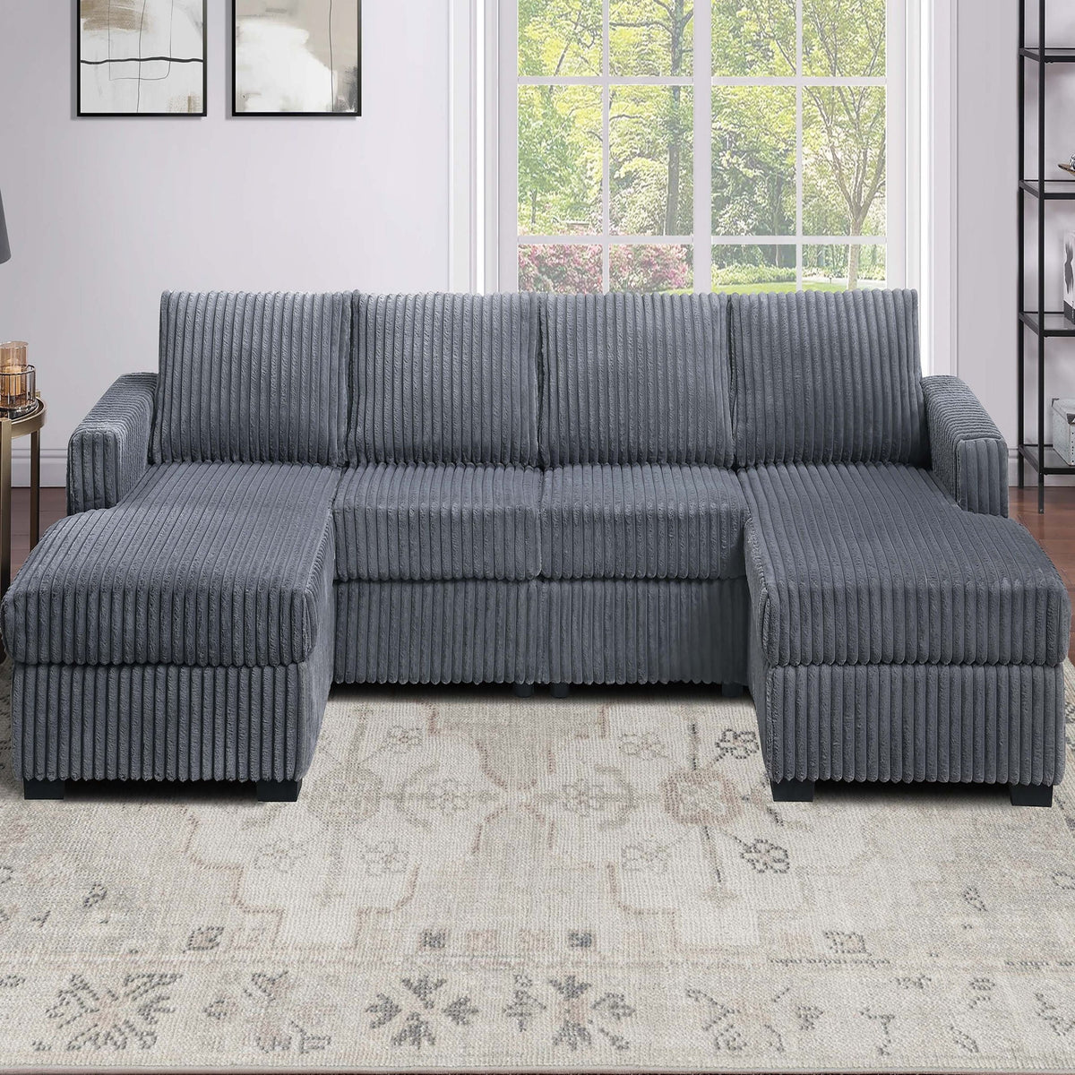 Conjunto seccional en forma de U con sillas sin brazos de respaldo acolchado y chaise longue con brazo a la derecha y a la izquierda