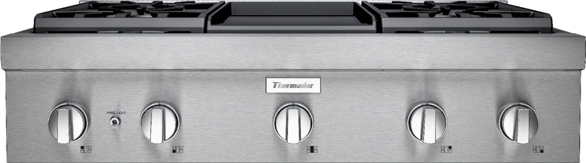 Thermador - Professional 36" Gas Rangetop with 4 Pedestal Star Burners, Griddle and LP Conversion - Silver