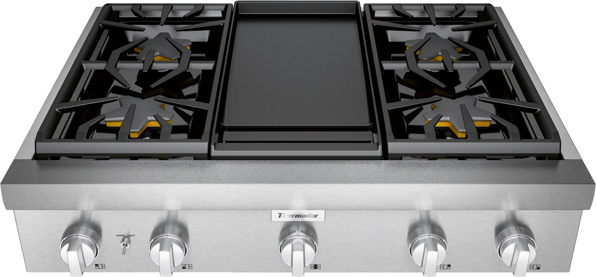Thermador - Professional 36" Gas Rangetop with 4 Pedestal Star Burners, Griddle and LP Conversion - Silver