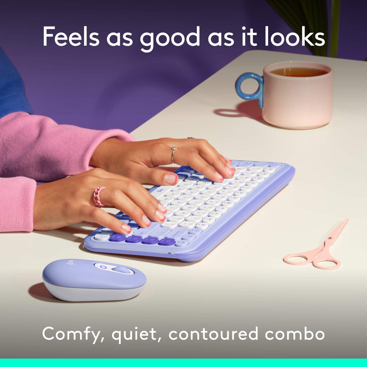 Logitech - POP ICON COMBO Compact TKL Wireless Bluetooth Keyboard and Mouse Bundle with Programmable Quiet Keys and Buttons - Lilac & Off-White