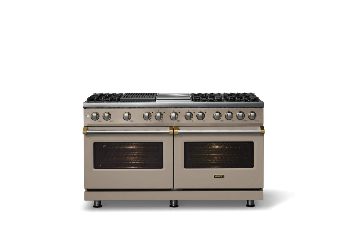 Viking - 60"W. 8 Burner Pro 5 Series 9.4 Cu. Ft. Freestanding Sealed LP Dual Fuel ConvectionRange with Brushed Brass Trim - Nantucket