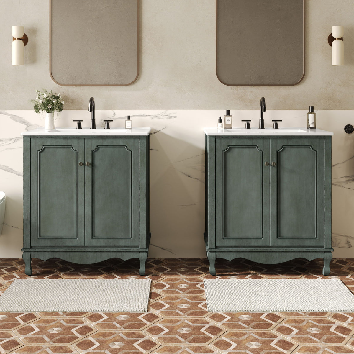 Vintage Double Sink Bathroom Vanity Set With Ceramic Sinks