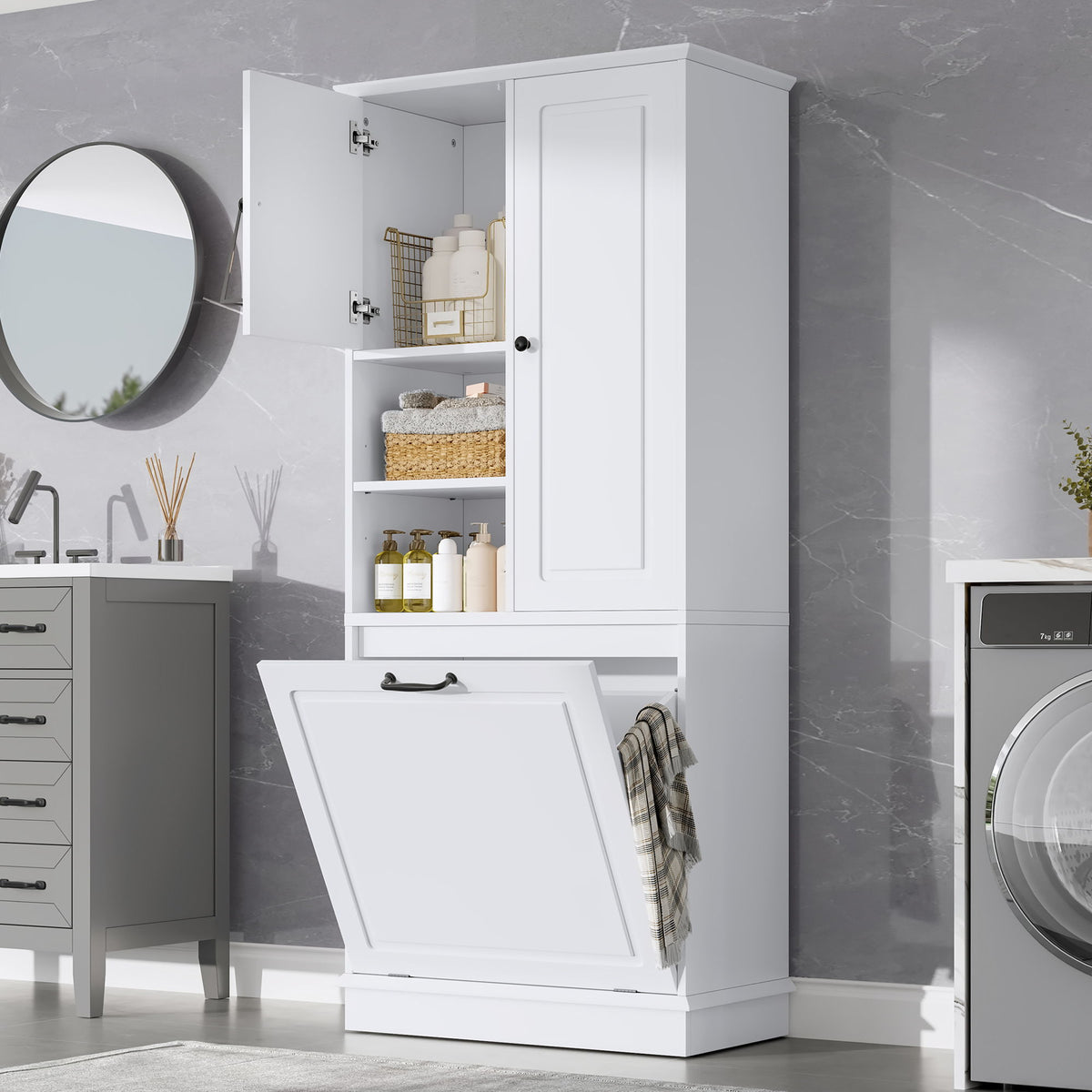 Armario alto moderno con estantes ajustables, cesta extraíble y puertas cerradas