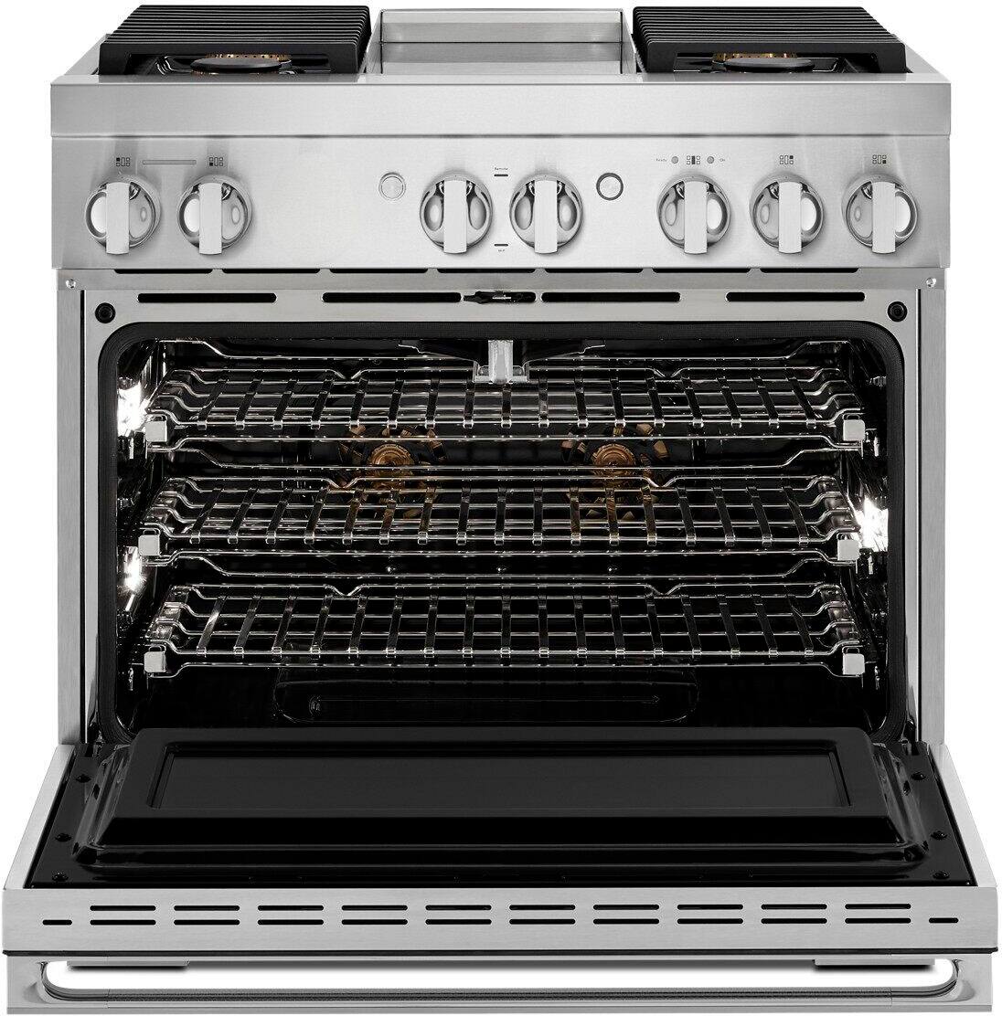 JennAir - 36 in. Wide 4 Burner NOIR 5.1 Cu. Ft. Self-Cleaning Freestanding Dual Fuel Convection Range - Stainless Steel