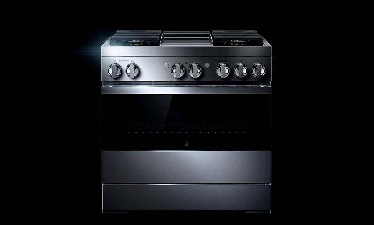 JennAir - 36 in. Wide 4 Burner NOIR 5.1 Cu. Ft. Self-Cleaning Freestanding Dual Fuel Convection Range - Stainless Steel