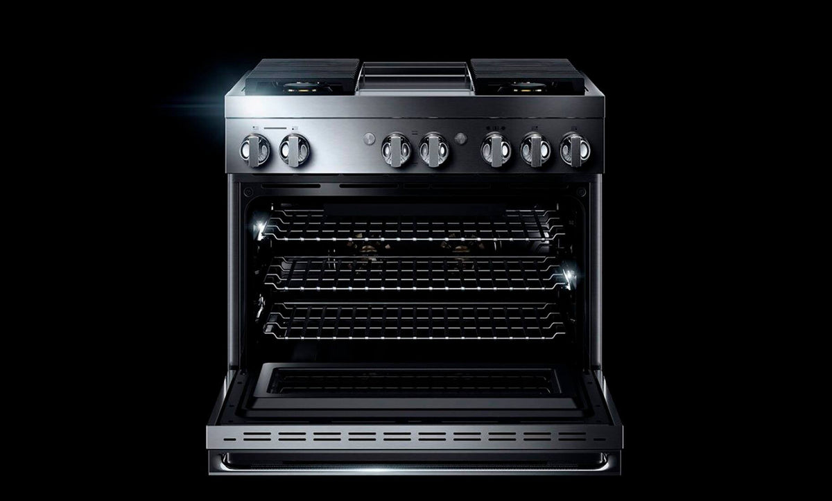 JennAir - 36 in. Wide 4 Burner NOIR 5.1 Cu. Ft. Self-Cleaning Freestanding Dual Fuel Convection Range - Stainless Steel