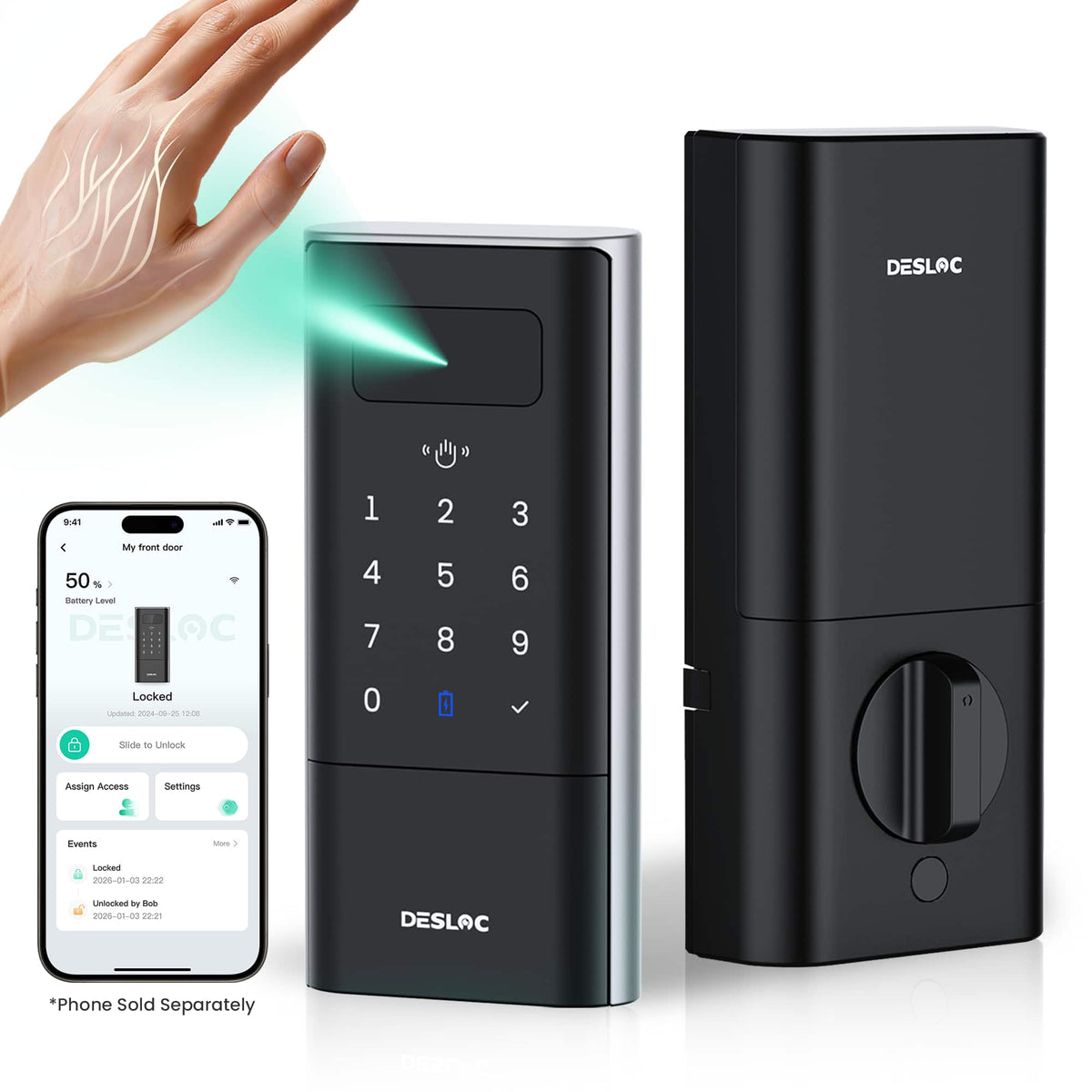 DESLOC - K140 Plus Smart Lock with 10,000mAh Battery Wi-Fi Replacement Deadbolt with Palm Vein Recognition and Auto Lock - Black