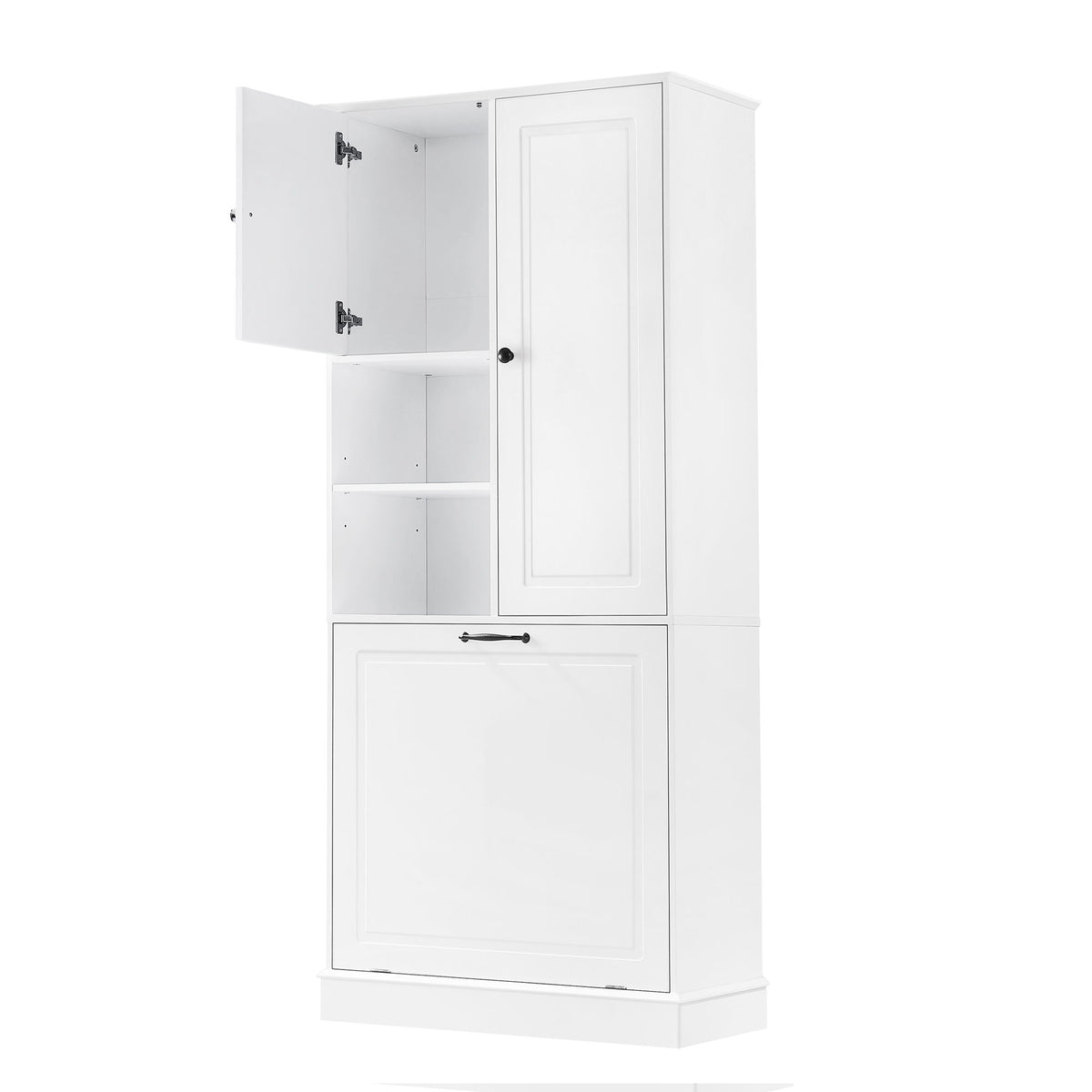 Armario alto moderno con estantes ajustables, cesta extraíble y puertas cerradas