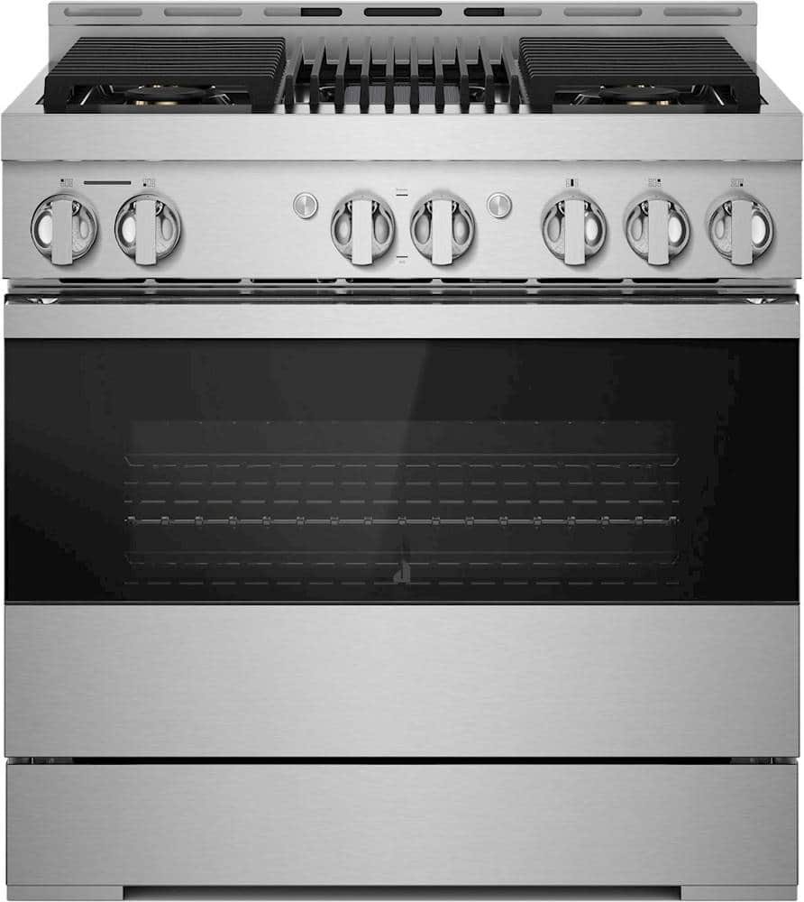 JennAir - 36 in. Wide 4 burner NOIR 5.1 Cu. Ft. Freestanding Gas True Convection Range with CustomClean - Floating Black Glass