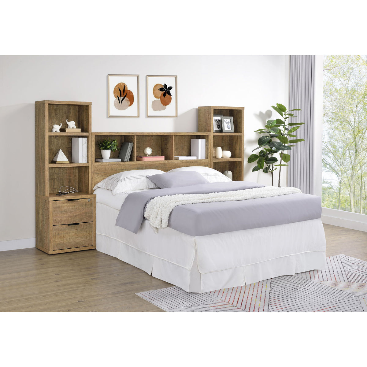Geary - Set de dormitorio de 3 piezas con cabecero con estantería