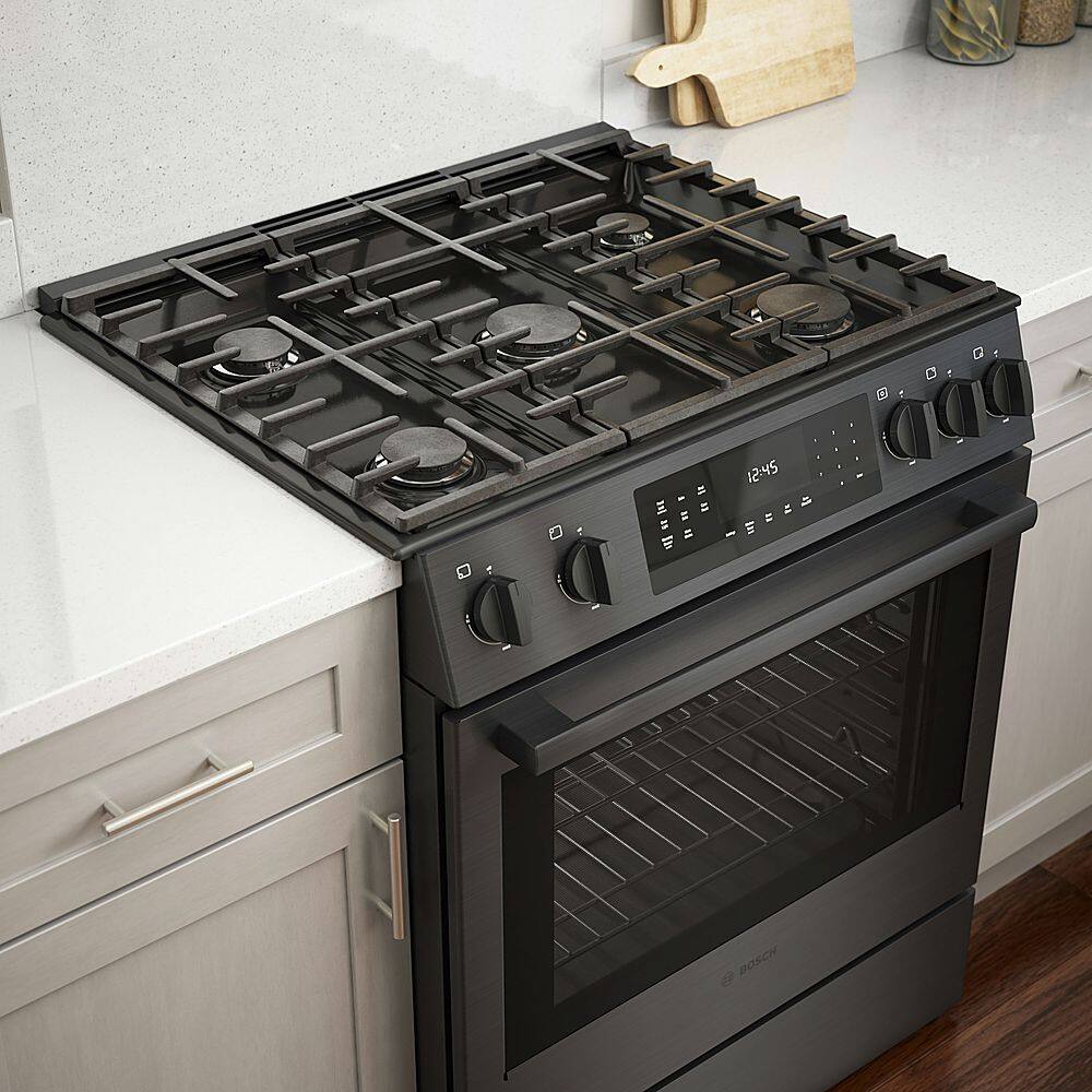Bosch - 800 Series 30 in. Wide 4.8 Cu. Ft. Slide-In Gas Convection Range with Self-cleaning and 5 Burners - Black Stainless Steel