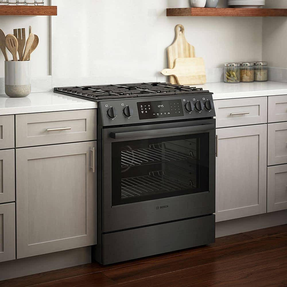 Bosch - 800 Series 30 in. Wide 4.8 Cu. Ft. Slide-In Gas Convection Range with Self-cleaning and 5 Burners - Black Stainless Steel