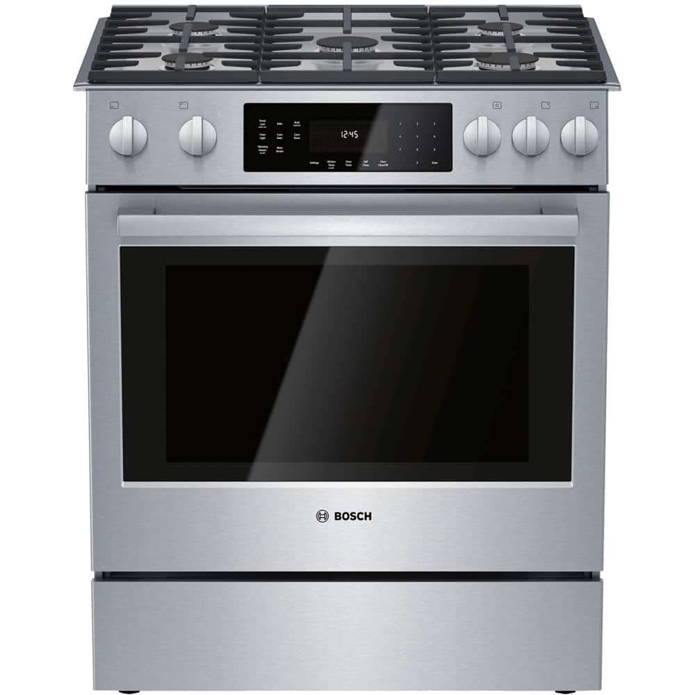 Bosch - 800 Series 30 in. Wide 4.8 Cu. Ft. Slide-In Gas Convection Range with Self-cleaning and 5 Dual Flame Burner - Stainless Steel