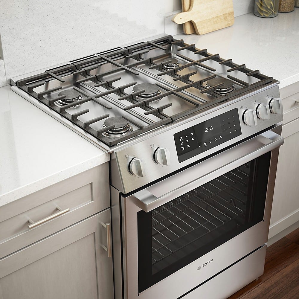 Bosch - 800 Series 30 in. Wide 4.8 Cu. Ft. Slide-In Gas Convection Range with Self-cleaning and 5 Dual Flame Burner - Stainless Steel