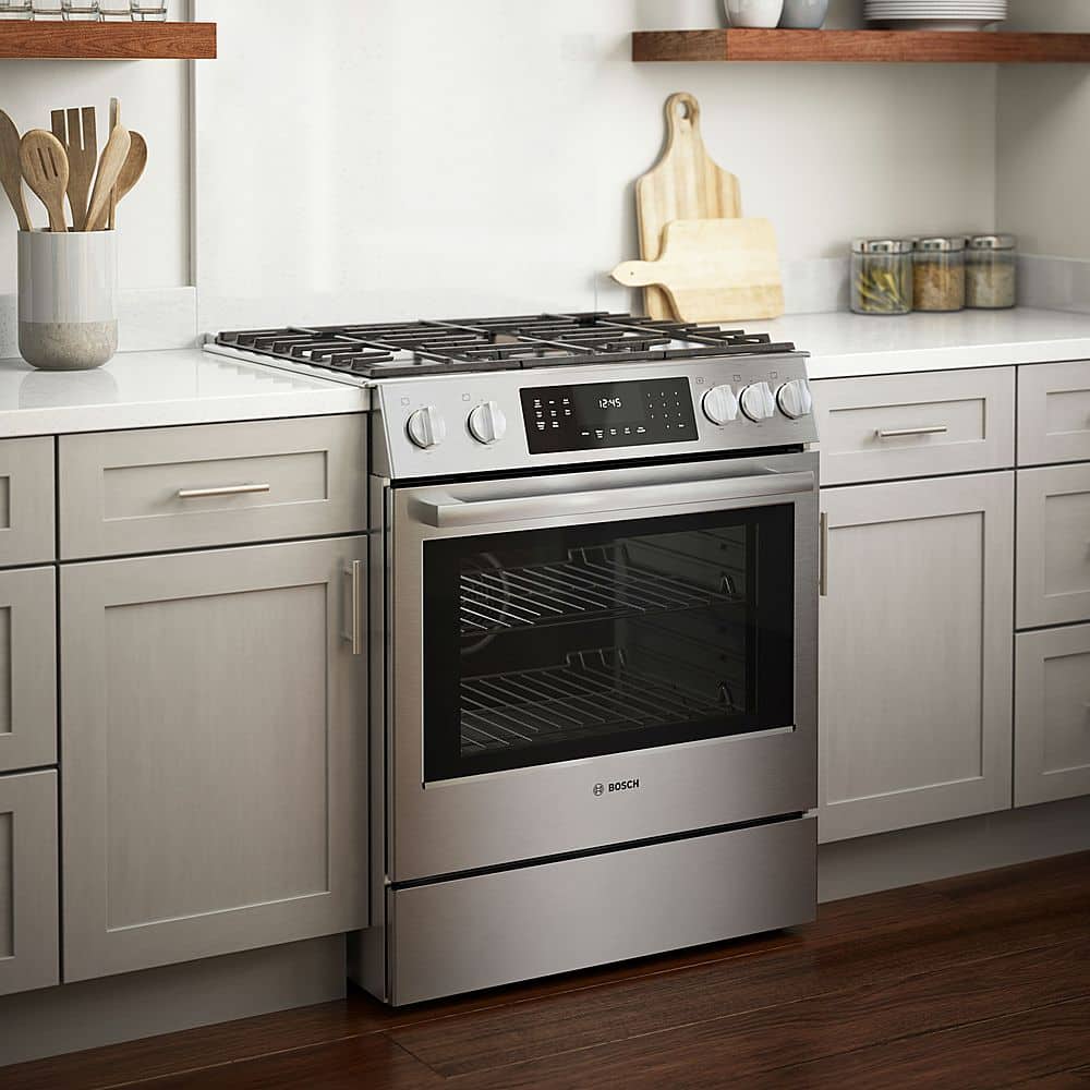 Bosch - 800 Series 30 in. Wide 4.8 Cu. Ft. Slide-In Gas Convection Range with Self-cleaning and 5 Dual Flame Burner - Stainless Steel