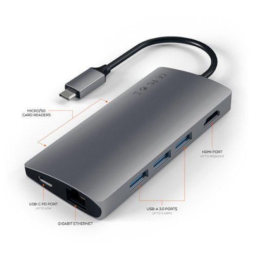 Satechi - Type-C Multi-Port Adapter V2-4K HDMI, Ethernet, USB-C, SD/Micro, USB 3.0 - MacBook Pro, MacBook Air, Windows Laptops - Space Gray