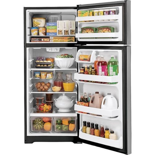 GE - 28 in. Wide 16.6 Cu. Ft. Top-Freezer Refrigerator with Edge-to-Edge Glass Shelves - Stainless Steel