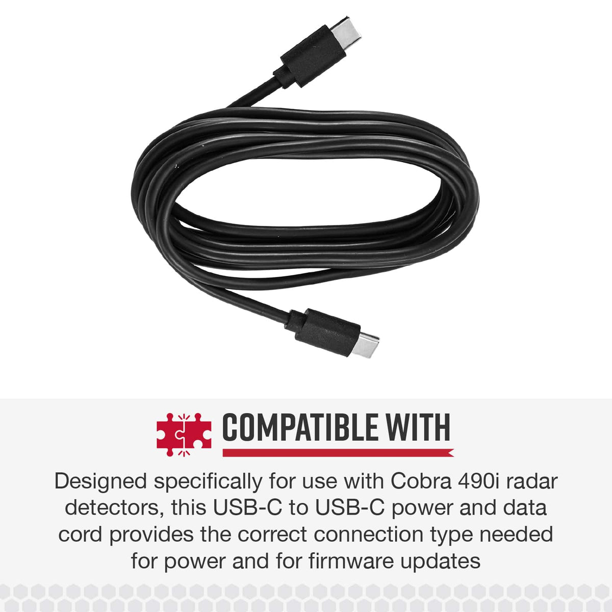 6' USB-C to USB-C Power and Data Cord for Cobra Radar Detectors and Universal Device Charger - Black