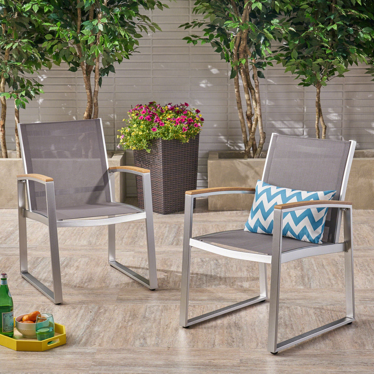 Poetic - Outdoor Dining Chair With Faux Wood Arms And Aluminum Frame (Set of 2) - Gray