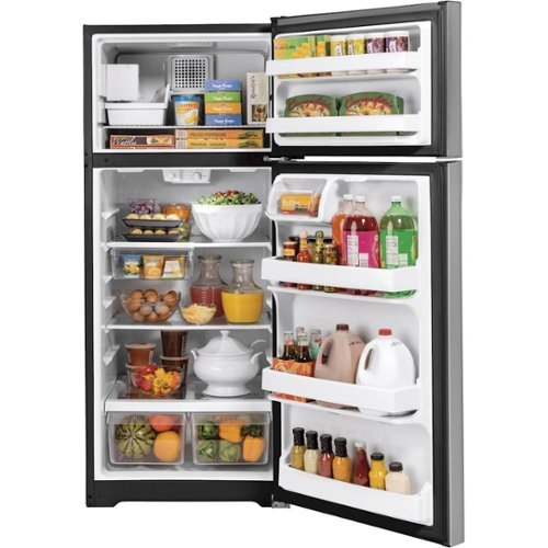 GE - 28 in. Wide 17.5 Cu. Ft. Top-Freezer Refrigerator with Edge-to-Edge Glass Shelves - Stainless Steel