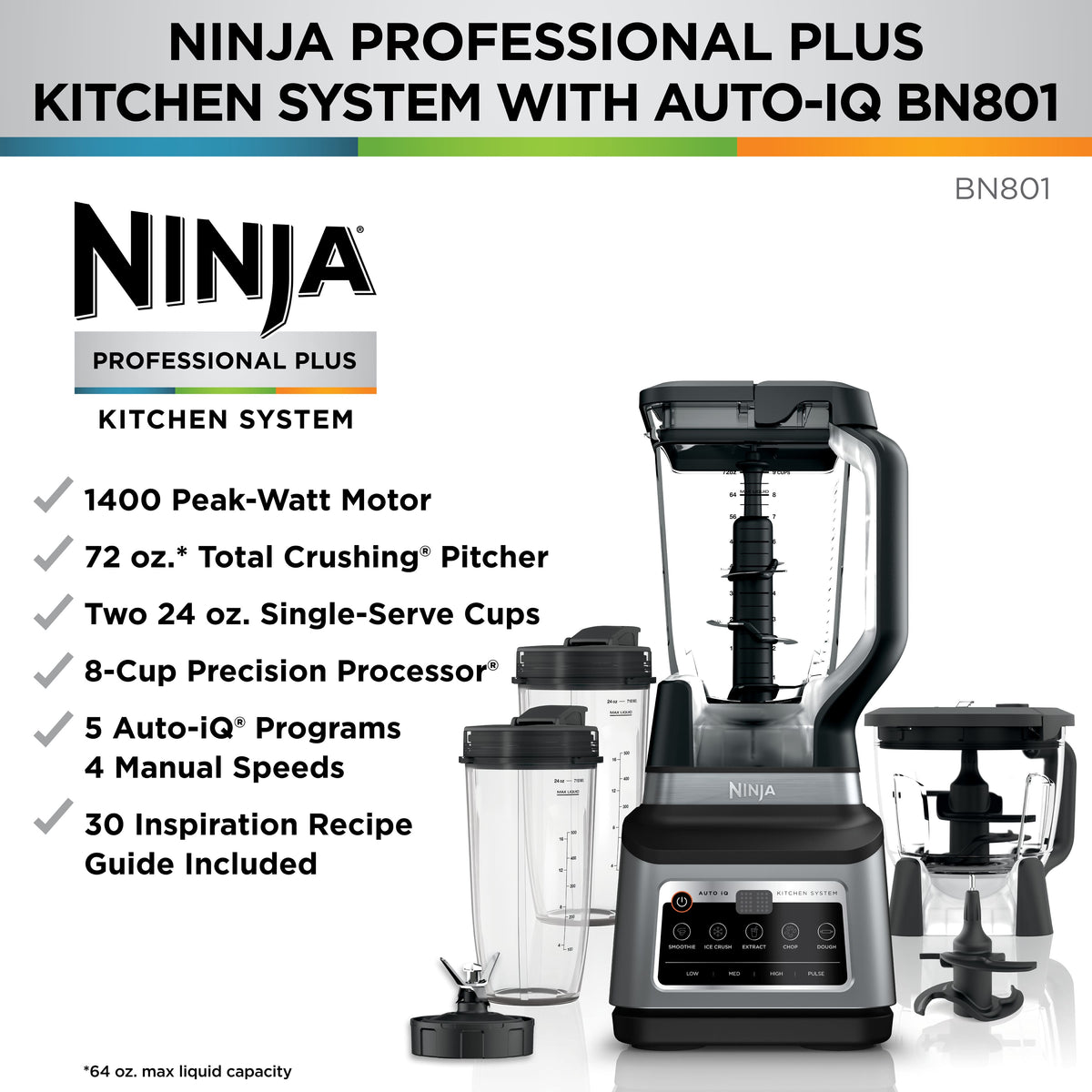 Ninja - Professional Plus Kitchen System with Auto-iQ & (2) 24oz Single-Serve Cups - Stainless Steel