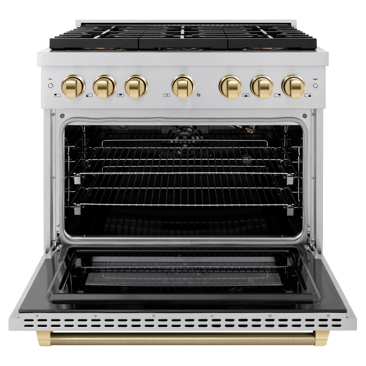 ZLINE - 36 in. Wide 6 Burner Autograph 5.2 Cu. Ft. Freestanding Paramount DuoPro Gas Range with Gold Helix Handle - Stainless Steel