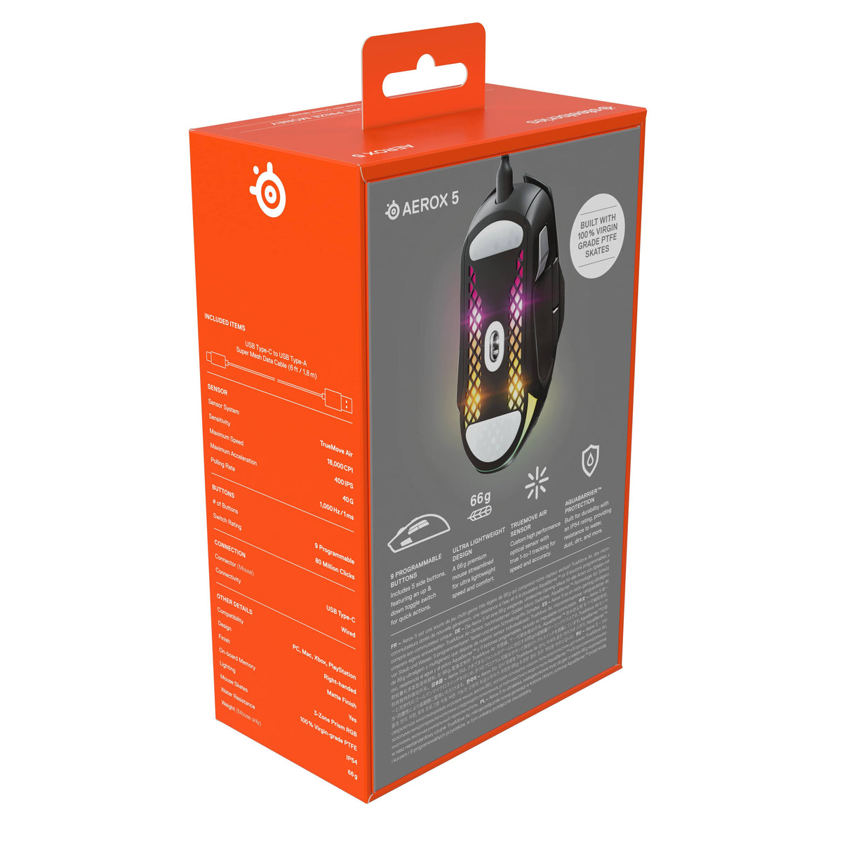 SteelSeries - Aerox 5 Ultra Lightweight Honeycomb Water Resistant Wired RGB Optical Gaming Mouse With 9 Programmable Buttons - Wired - Black