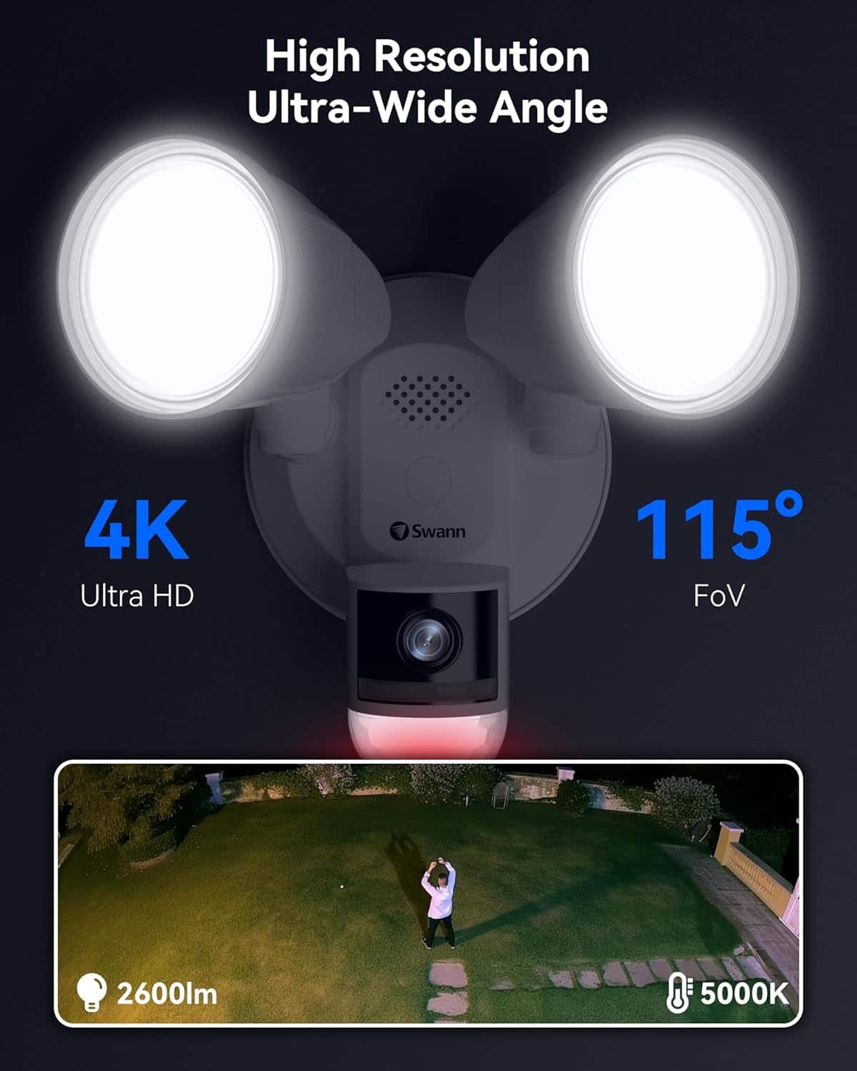 Swann - Wi-Fi 4K Security Surveillance FloodLight Camera, Night Vision, Waterproof, Motion Activated, Heat Sensing, 2-Way Talk - White