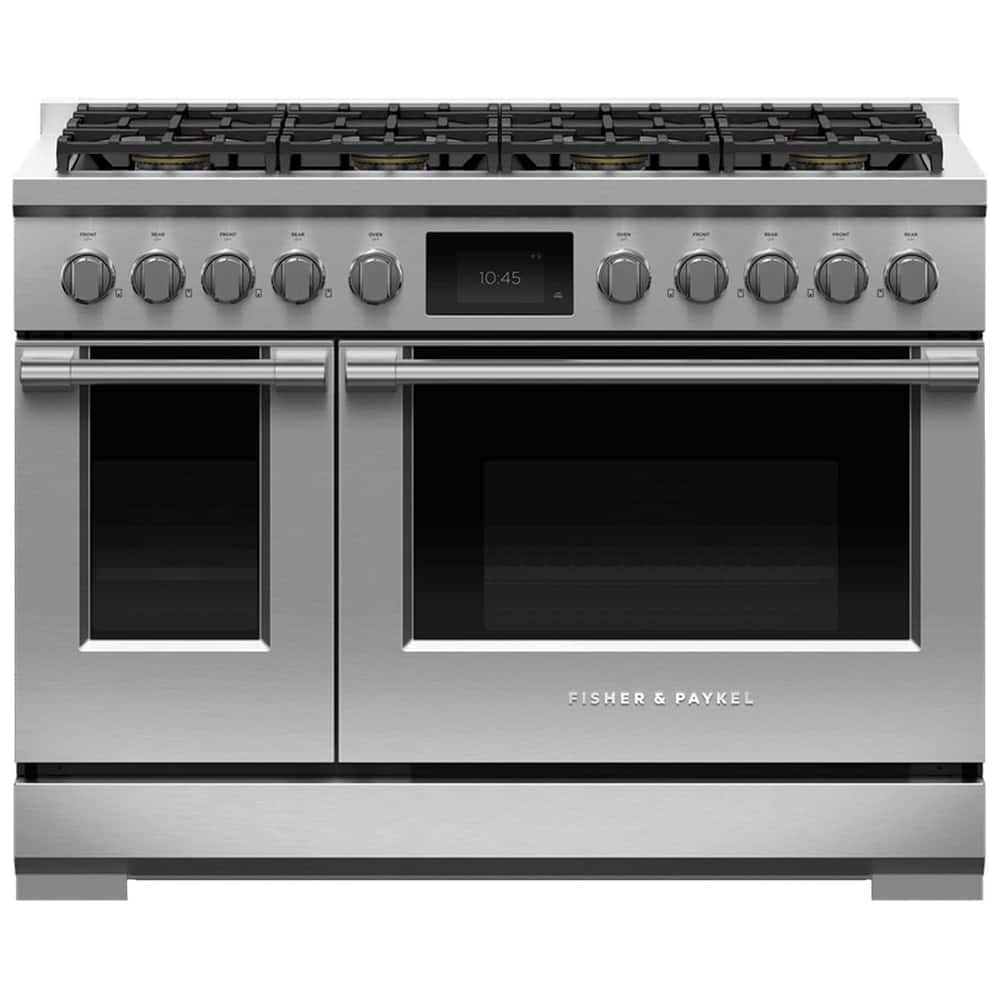 Fisher & Paykel - 48 in. Wide 8 Burner Professional 6.9 Cu.Ft. Freestanding Double Oven Dual Fuel True Convection Range with Self-Cleaning - Stainless Steel/Black Glass
